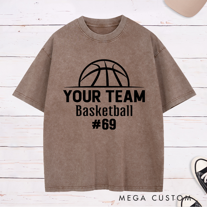 Personalized Washed T-Shirt Design Featuring a Bold Basketball Graphic with Customizable Team Name and Player Number