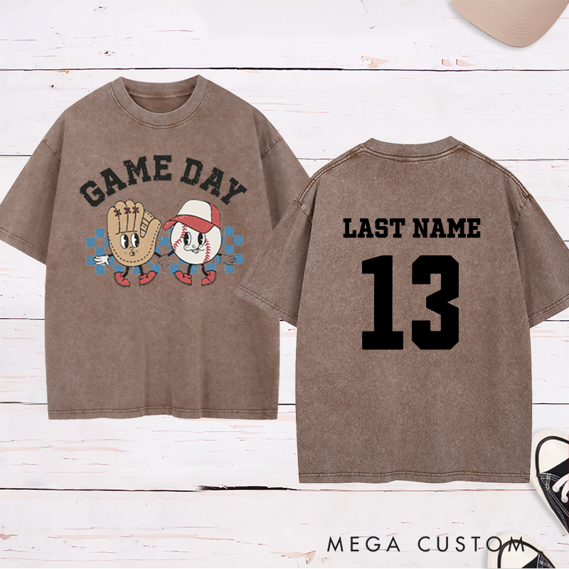 Personalized Cartoon Baseball Washed T-Shirt with Custom Name and Number   