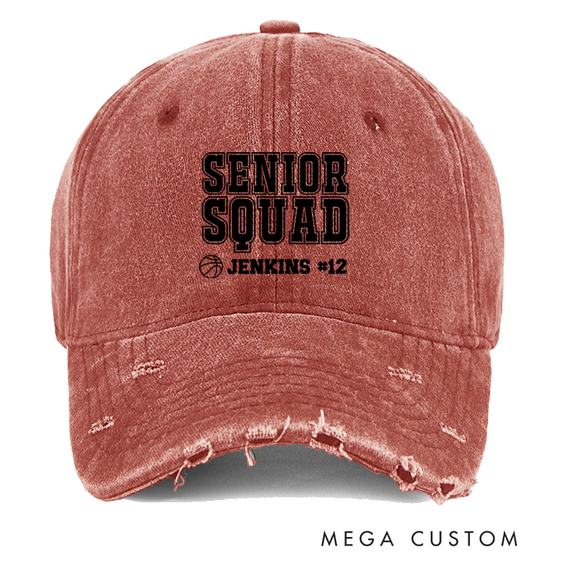 Personalized Senior Squad Distressed Cap with Custom Name and Number Design