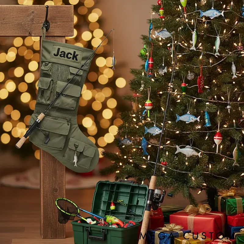 Personalized Fishing Christmas Stocking Christmas Decor Custom Name Stocking Multi-Pocket Design Perfect Holiday Gift for Anglers