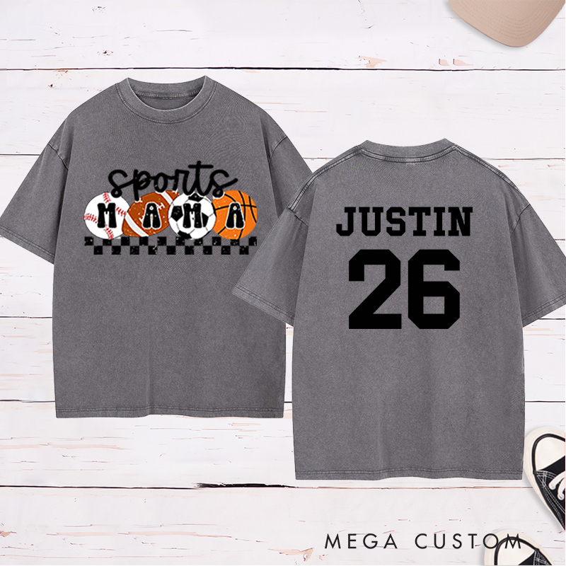 Personalized Sports Mama Washed  T-Shirt with Custom Name and Number