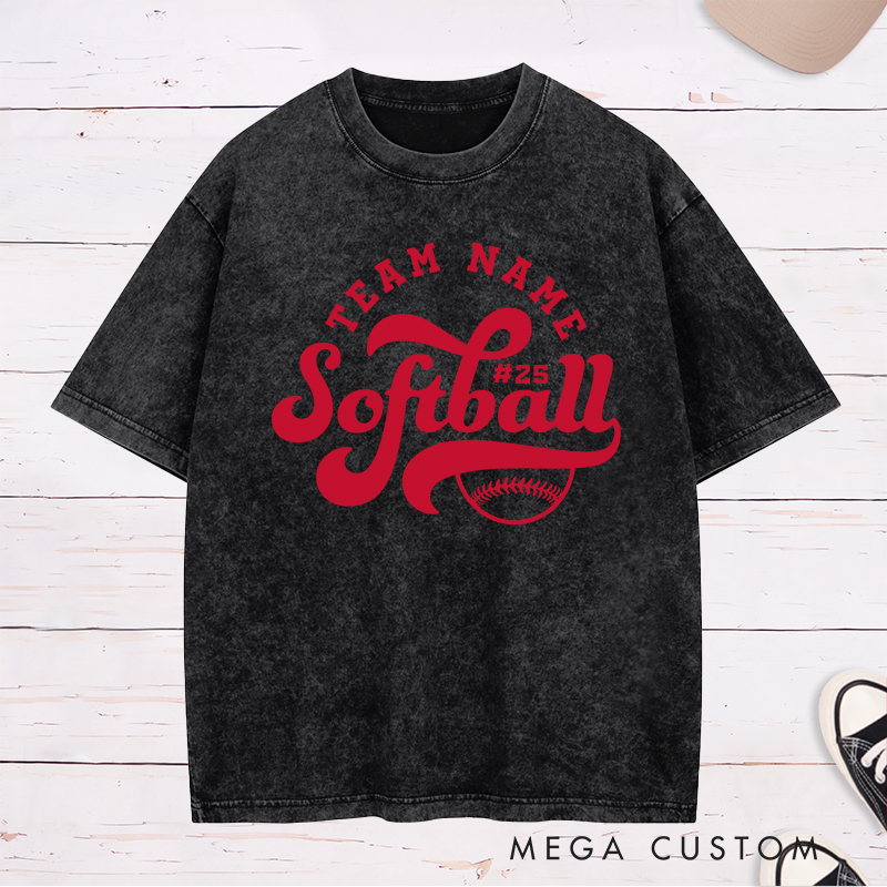 Personalized Softball Washed T-Shirt Featuring Customizable Team Name Player Number Dynamic Script Font and Classic Softball Graphic for a Bold and Unified Look