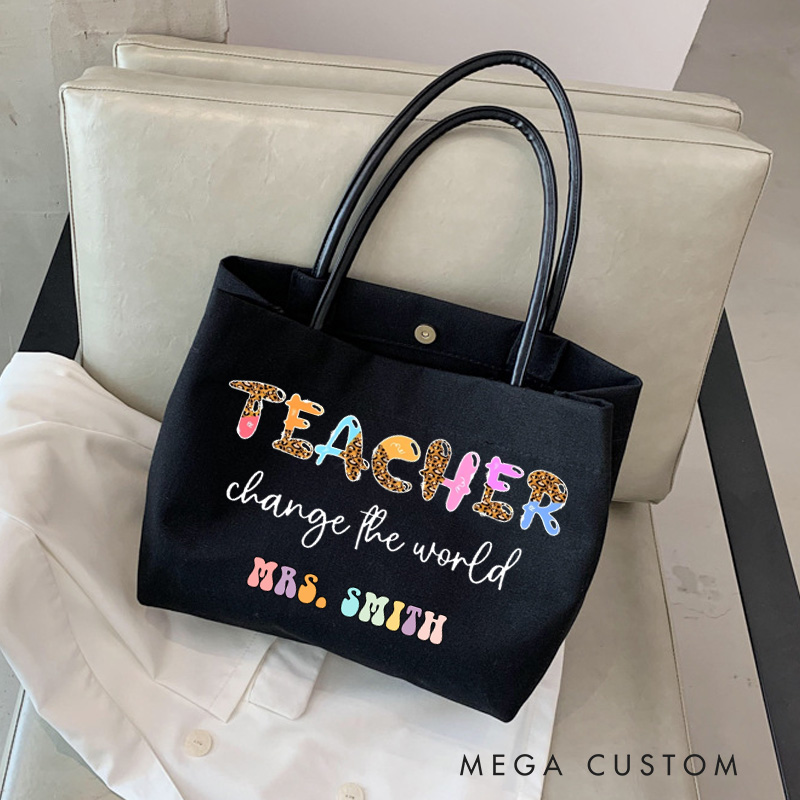 Personalized Teacher Canvas Tote Bag Teacher Change the World Design Appreciation Gift for Teachers