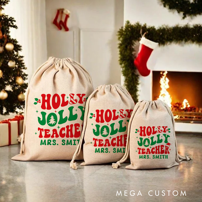 Personalised Christmas Santa Sack for Teachers Custom Holly Jolly Teacher Design Sack Christmas Gift