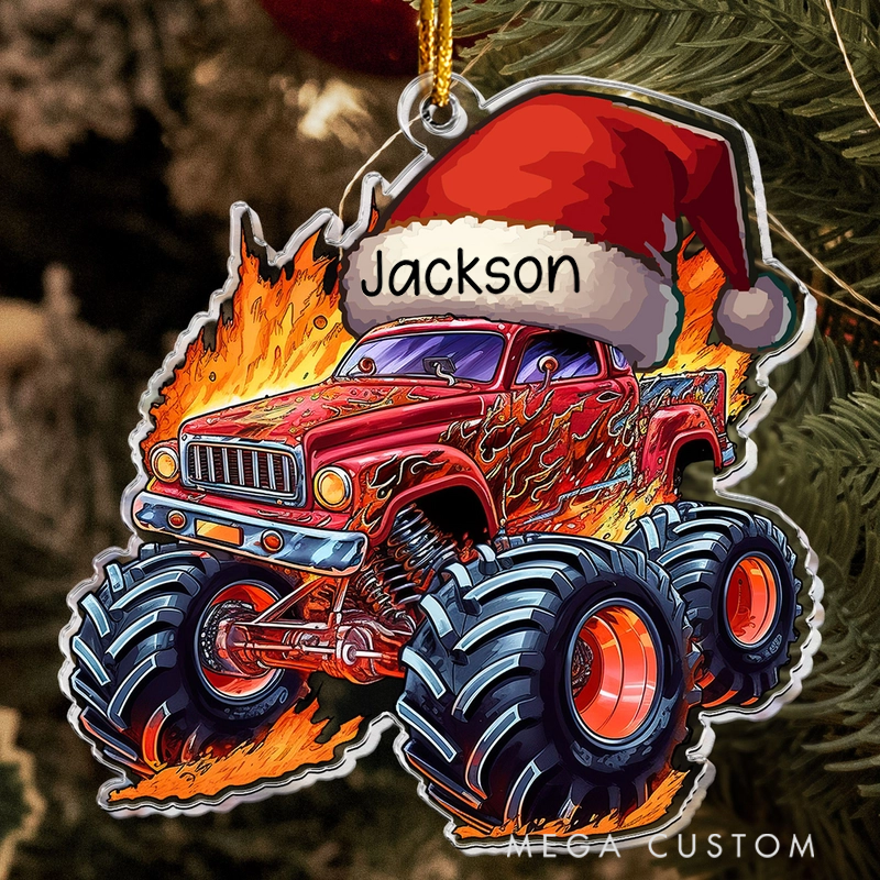 Personalized Monster Fire Truck Christmas Hat Ornament Custom Name Christmas Tree Decoration Gifts