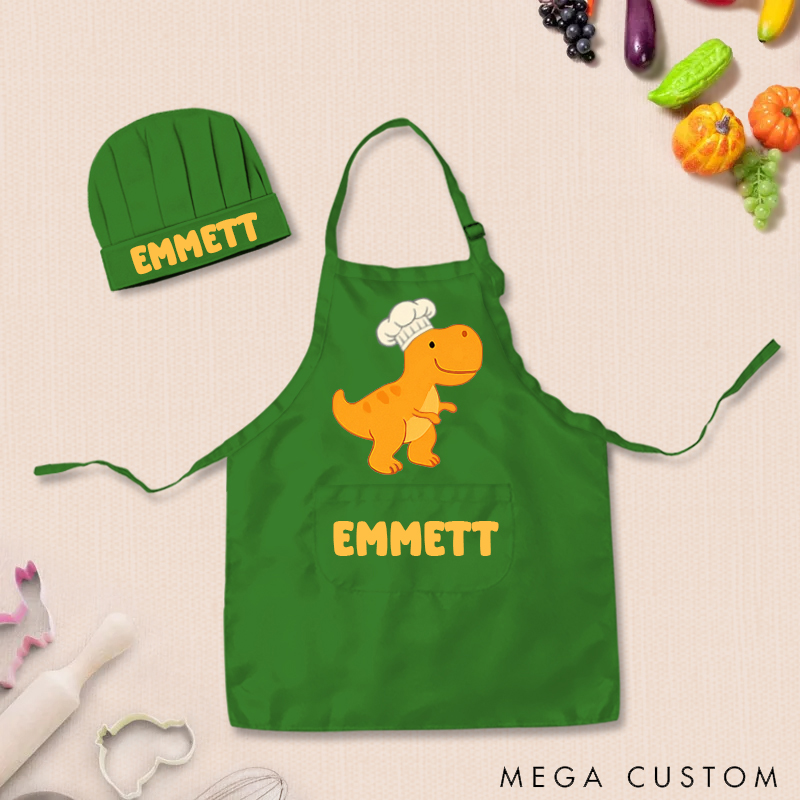 Personalized Cartoon Dinosaur Adjustable Kid Apron Chef Hat Set with Pocket and Name for Cooking Baking Birthday Holiday Gift for Kids