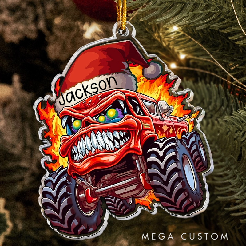 Personalized Monster Fire Truck Christmas Hat Ornament Custom Name Christmas Tree Decoration Gifts
