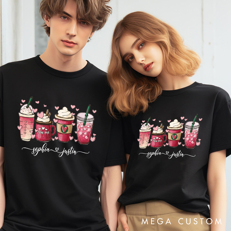 Personalized Couple Coffee Cup and Heart Matching T-Shirt with Name Valentine's Day T-Shirt for Husband Wife Boyfriend Girlfriend Gift for Hubby Wifey