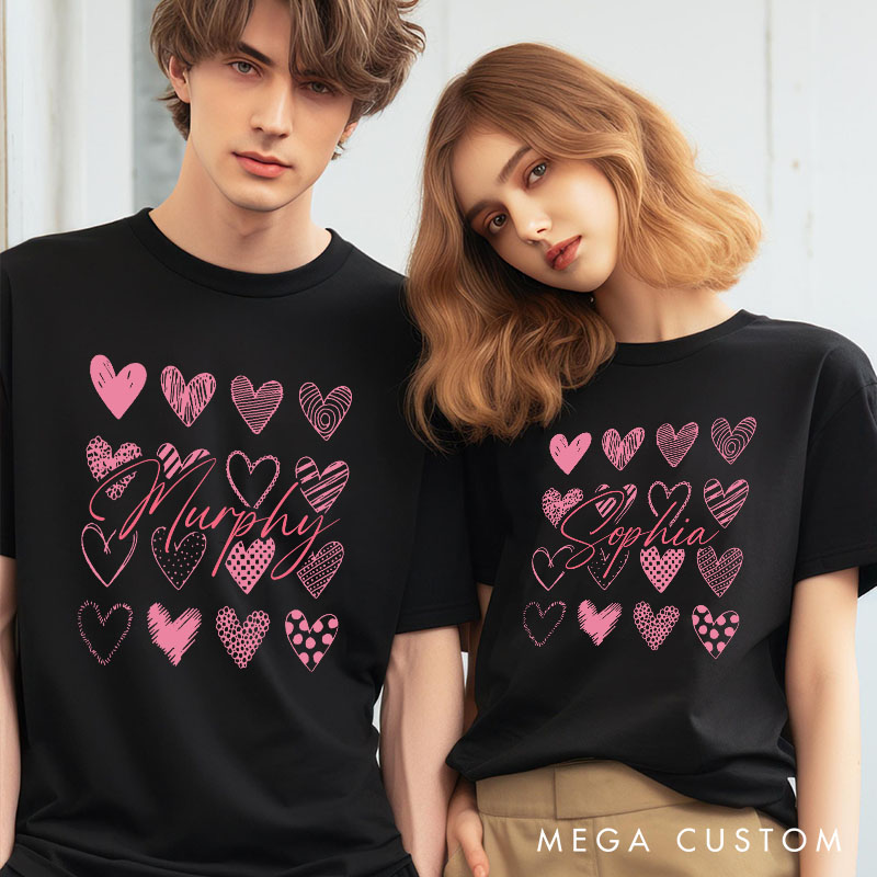 Personalized Couple Sweet Pink Hearts Matching T-Shirt with Name Valentine's Day T-Shirt for Husband Wife Boyfriend Girlfriend Gift for Hubby Wifey