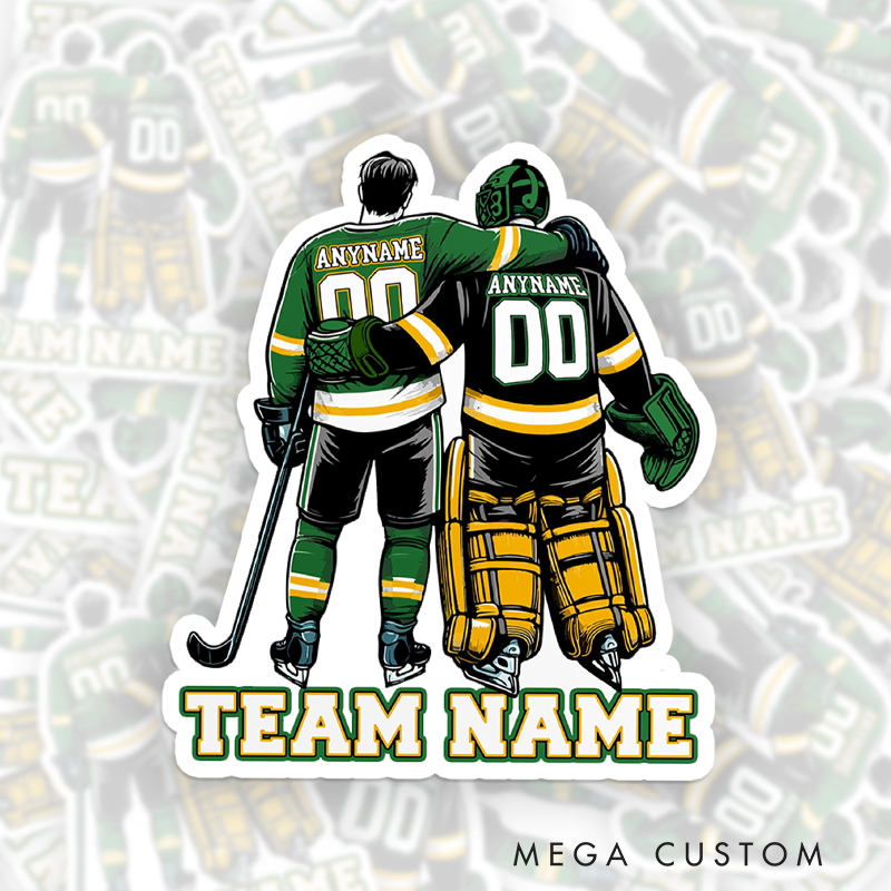 Personalized Hockey Sticker with Dynamic Duo and Custom Names, Numbers, and Team Name