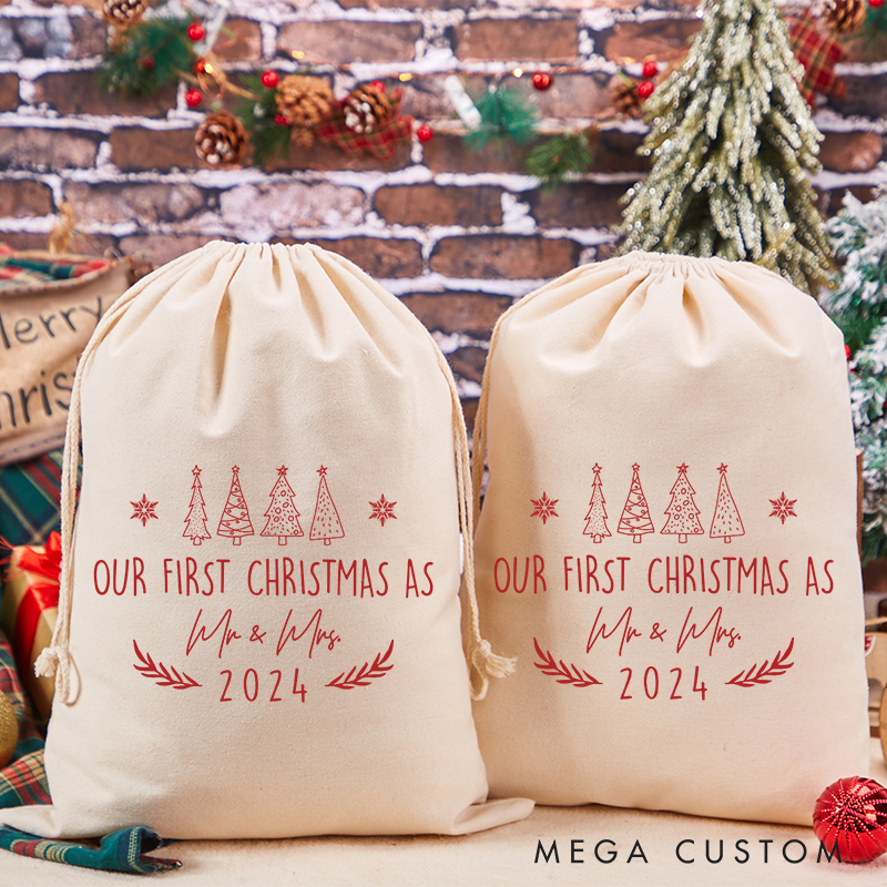 Personalized Our First Christmas As Mr and Mrs Santa Sack Christmas Storage Bag for Couple
