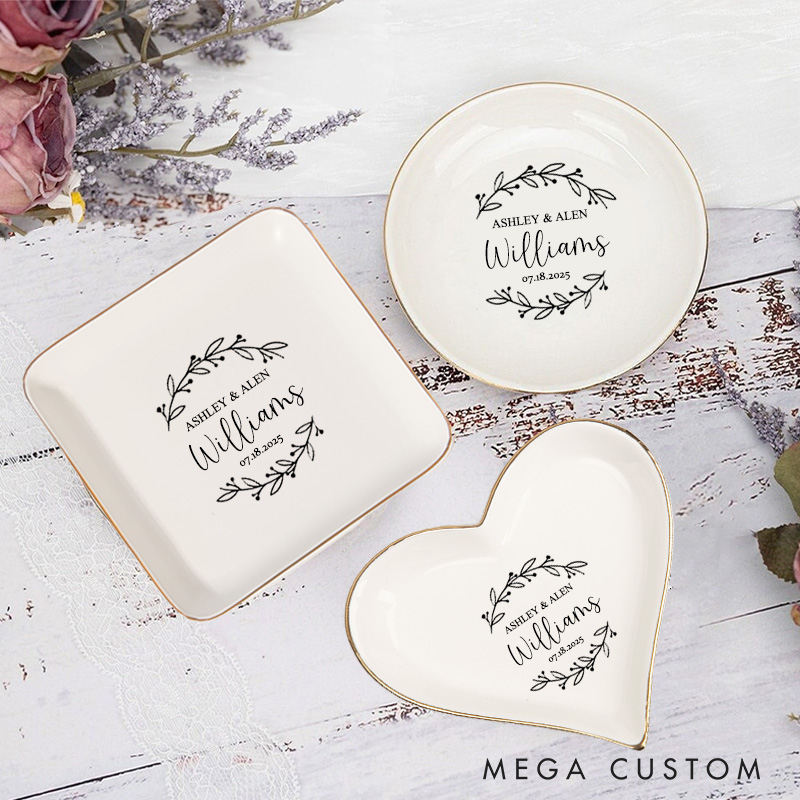 Personalized Delicate Botanical Wreath Wedding Monogram Wedding Engagement Gold-Trimmed Ring Dishes
