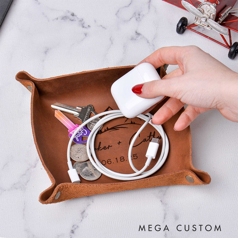 Personalized Mountain Peaks Couple Wedding Engagement Men Leather Tray