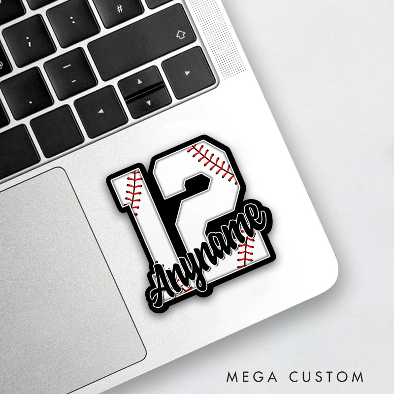 Personalized Baseball Sticker with Bold Number and Custom Name  