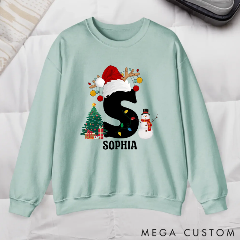 Personalized Christmas Trees Snowmen Multicolor Sweatshirt Hoodie with Initial and Name Christmas Gift for Family 