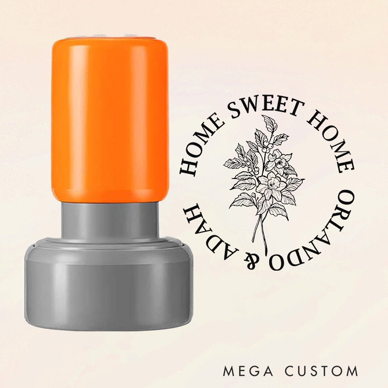 Personalized Round Housewarming Stamp Home Sweet Home Design December Birth Flower Holly Custom Names Decorative Stamp for New Homeowners Gifts