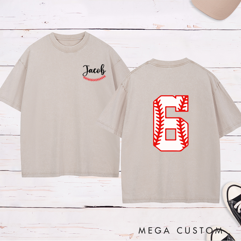 Personalized Sports Washed T-Shirt with Custom Name and Unique Baseball Stitch Number Design