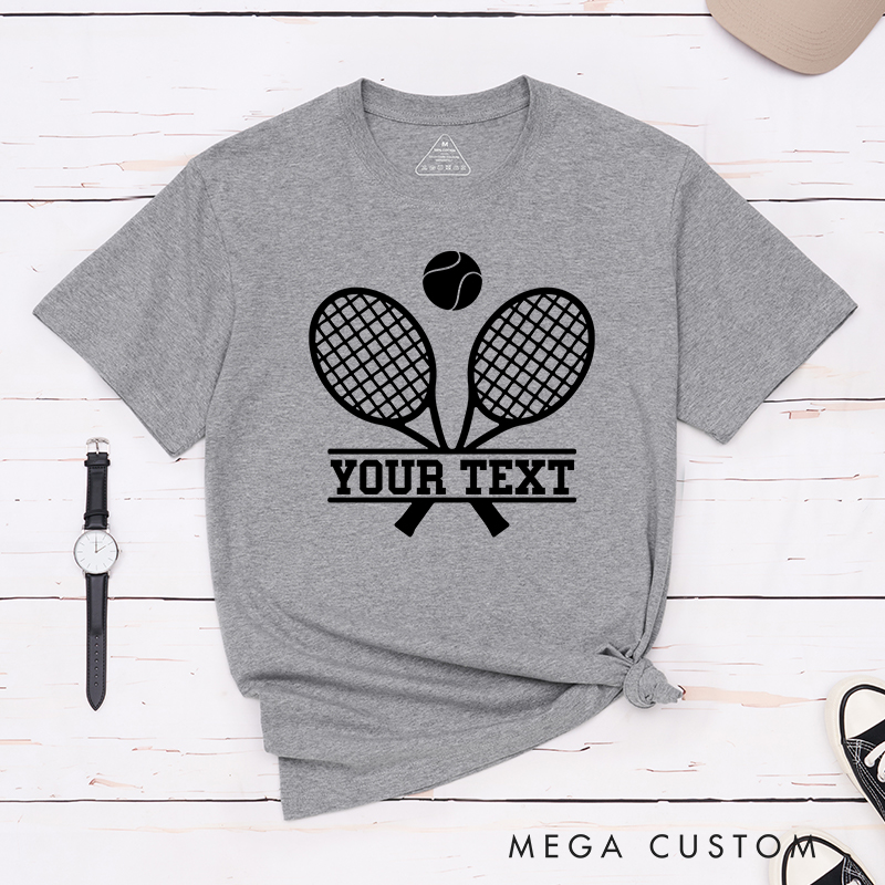 Personalized Tennis T-Shirt with Crossed Rackets Design and Custom Text
