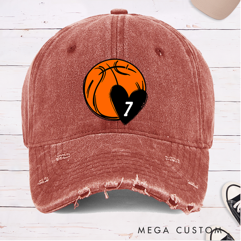 Personalized Distressed Basketball Cap with Custom Jersey Number Heart and Bold Basketball Graphic Design