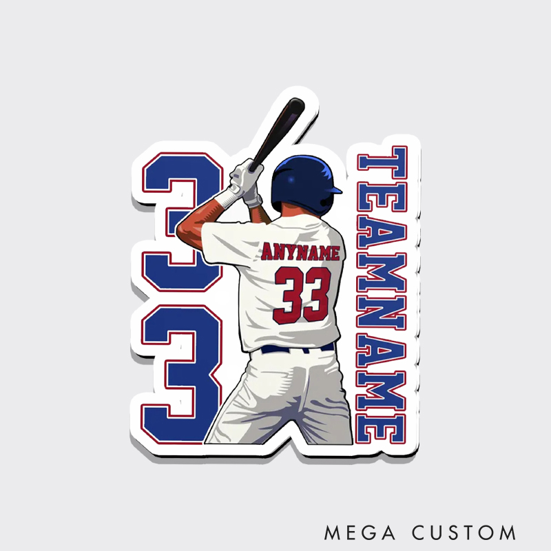 Personalized Baseball Fridge Magnet with Player Swinging Pose and Custom Name 