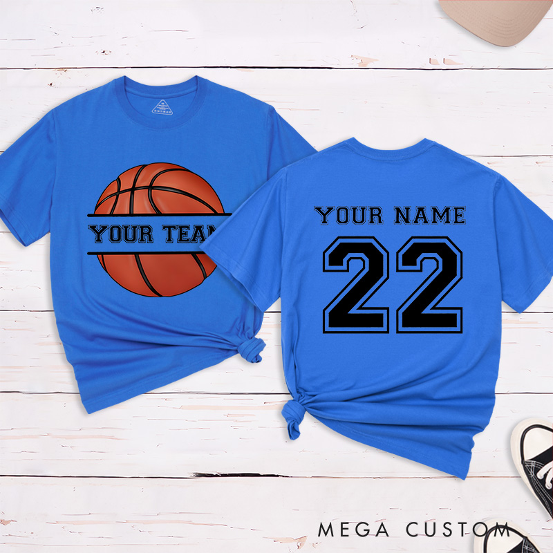 Personalized Basketball T-Shirt with Custom Team Name Player Name and Jersey Number Featuring a Classic Basketball Graphic
