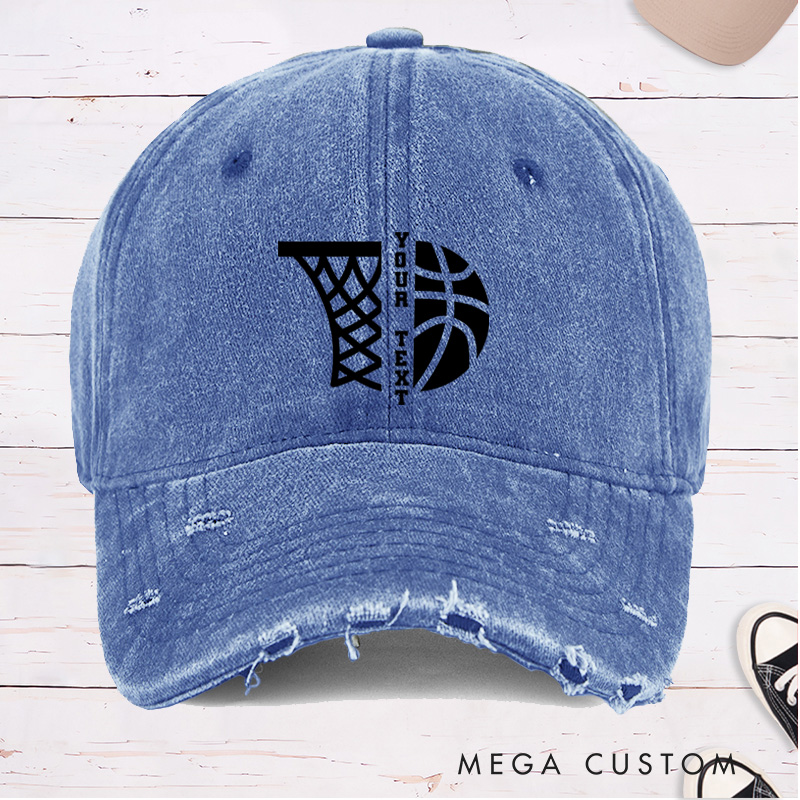 Personalized Distressed Denim Basketball Cap with Custom Text and Basketball Hoop Graphic Design