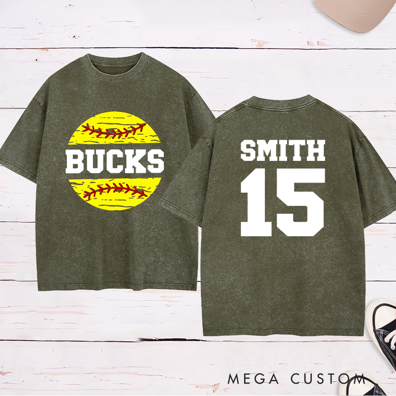 Personalized Softball Team Washed T-Shirt Design Featuring Custom Team Name Player Name and Number with Bright Softball Graphic