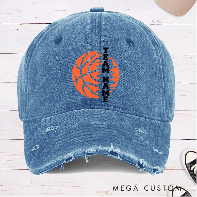 Personalized Distressed Denim Basketball Cap with Vertical Custom Team Name Design