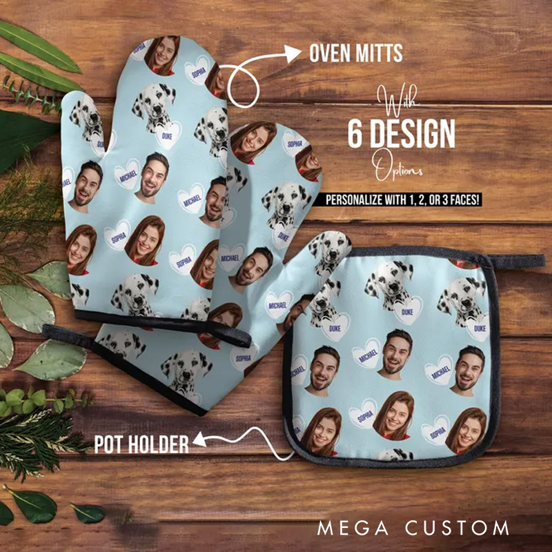 Personalized Face Oven Mitt and Pot Holder Set for Bakers Baking Lovers Gift