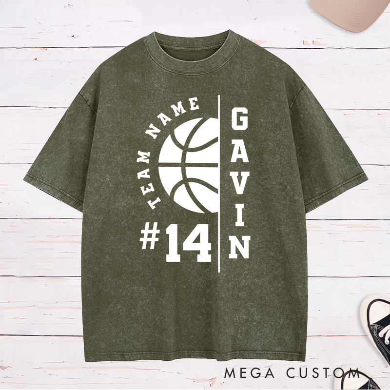 Personalized Washed T-Shirt Design Featuring Customizable Team Name Player Name and Number with Bold Basketball Graphics