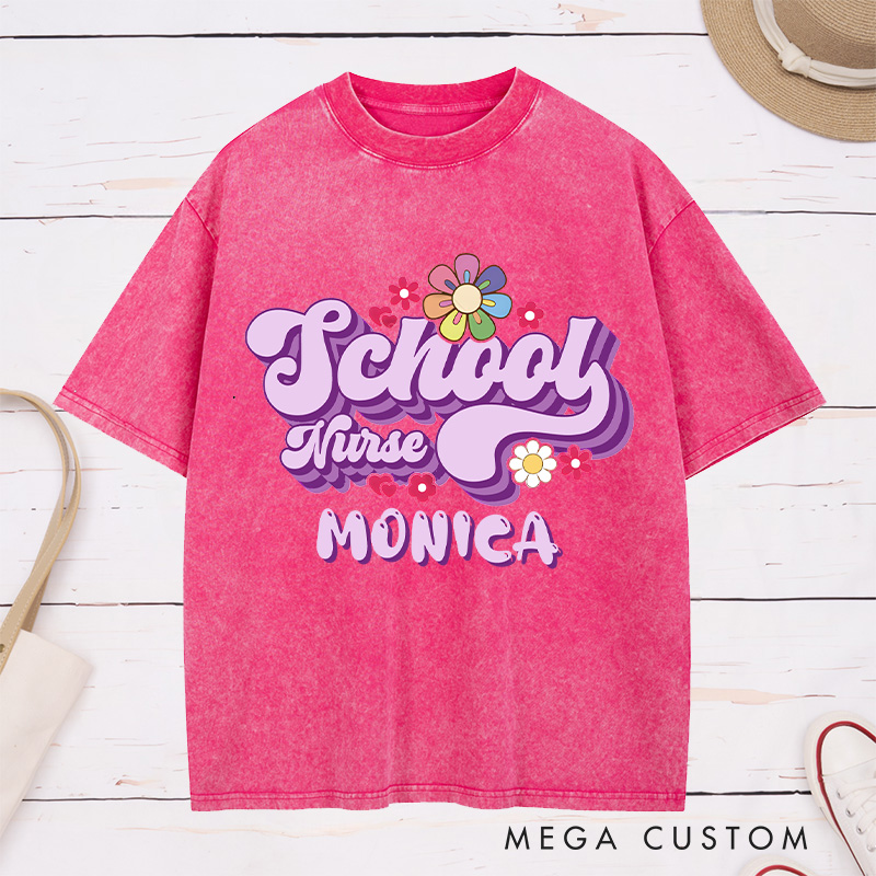 Personalized Nurse Washed T-Shirt Customized School Nurse Retro Floral Design Washed T-Shirt 