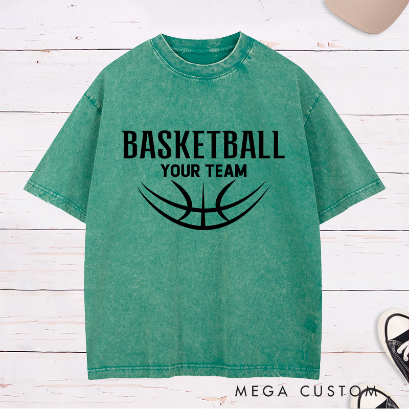 Personalized Washed T-Shirt Design Featuring a Minimalist Basketball Graphic with Customizable Team Name