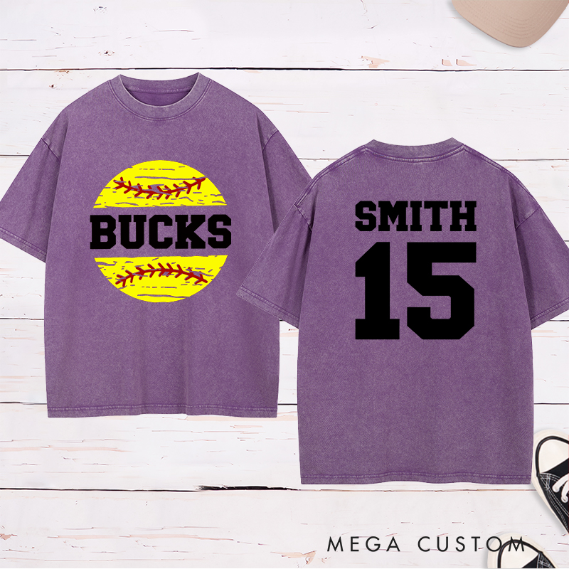 Personalized Softball Team Washed T-Shirt Design Featuring Custom Team Name Player Name and Number with Bright Softball Graphic