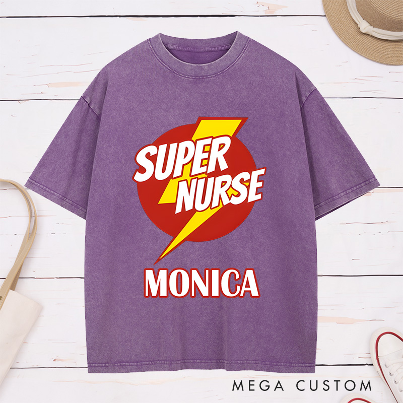 Personalized Nurse Washed T-Shirt Customized Super Nurse Design Washed T-Shirt 