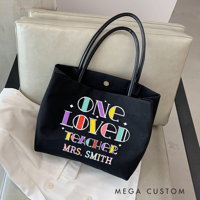 Personalized Teacher Canvas Tote Bag One Loved Teacher Design Appreciation Gift for Teachers