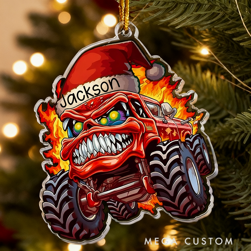 Personalized Monster Fire Truck Christmas Hat Ornament Custom Name Christmas Tree Decoration Gifts