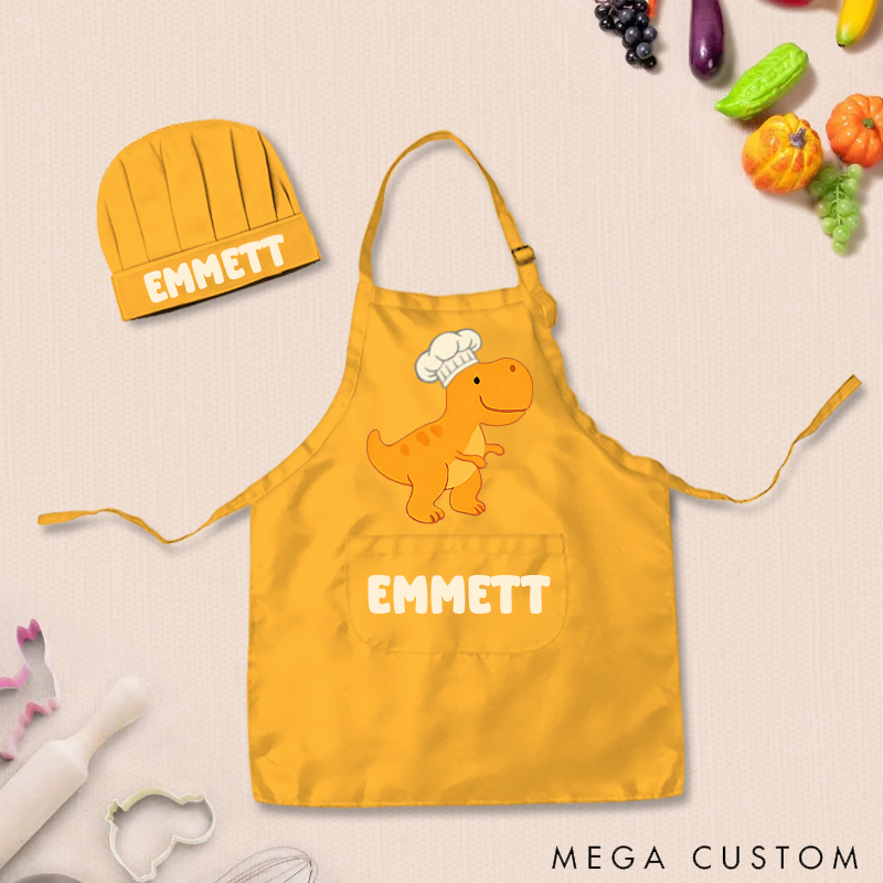 Personalized Cartoon Dinosaur Adjustable Kid Apron Chef Hat Set with Pocket and Name for Cooking Baking Birthday Holiday Gift for Kids