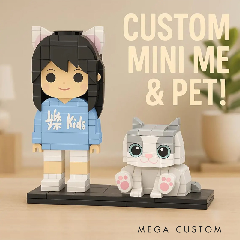 Personalized Custom Human & Cat Brick Figure Set - Personalized 2-Piece Minifigure Building Blocks, Custom Photo Pet & Owner Gift
