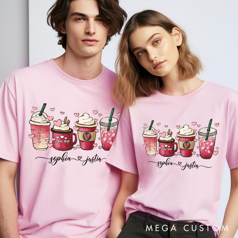 Personalized Couple Coffee Cup and Heart Matching T-Shirt with Name Valentine's Day T-Shirt for Husband Wife Boyfriend Girlfriend Gift for Hubby Wifey