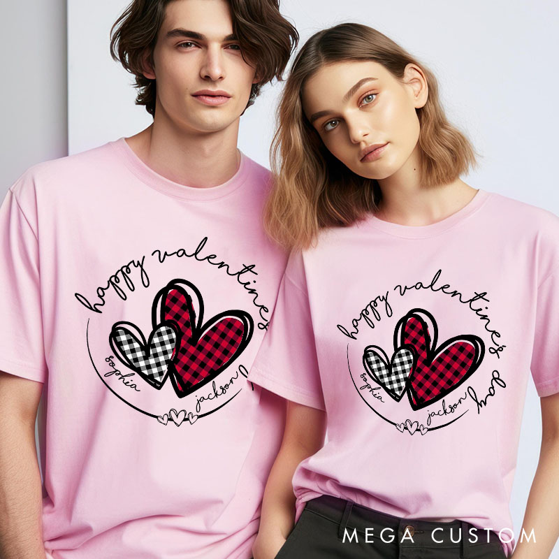 Personalized Couple Plaid Heart with Name Matching T-Shirt Happy Valentine's Day T-Shirt for Husband Wife Boyfriend Girlfriend Gift for Hubby Wifey