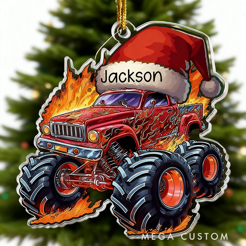 Personalized Monster Fire Truck Christmas Hat Ornament Custom Name Christmas Tree Decoration Gifts