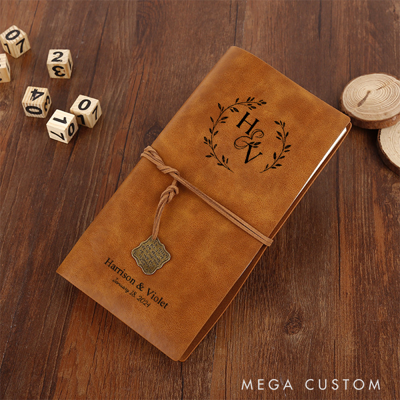 Personalized Laurel Branches with Initials and Date Wedding Couple Leather Journals