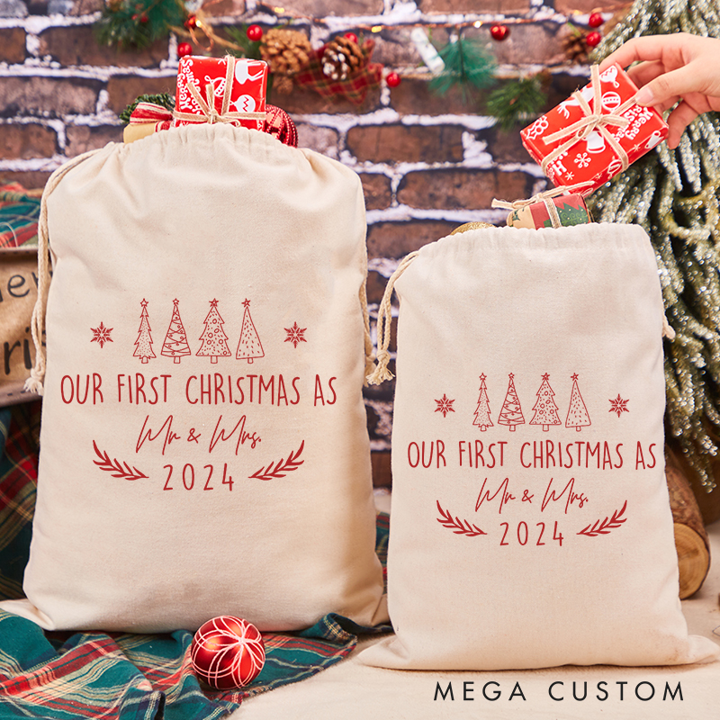 Personalized Our First Christmas As Mr and Mrs Santa Sack Christmas Storage Bag for Couple