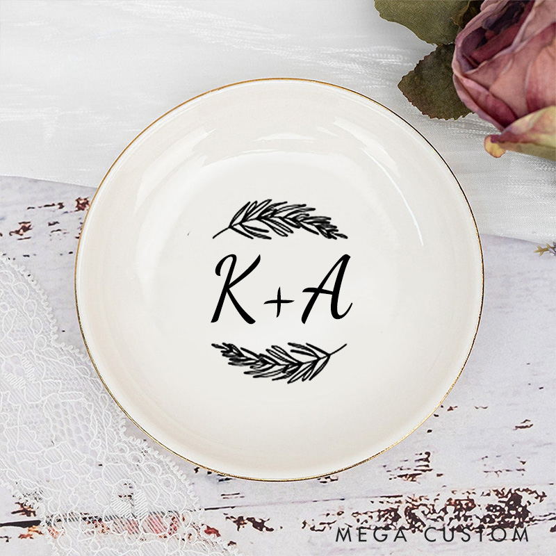 Personalized Elegant Fern Wedding Monogram with Initials Wedding Engagement Gold-Trimmed Ring Dishes