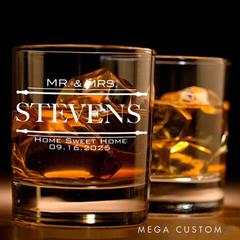 Personalized Mr and Mrs Home Sweet Home Whiskey Tumblers Custom Engraved Name Whiskey Glass Wedding Housewarming New Home Moving House Gift Homeowner