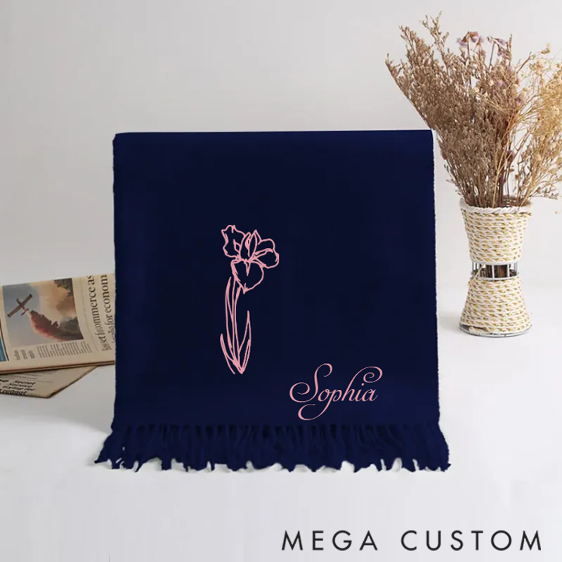 Personalized Super Soft Warm Scarf with Embroidered Birth Flower and Text Fashion Accessory Birthday Christmas Gift for Couple Family
