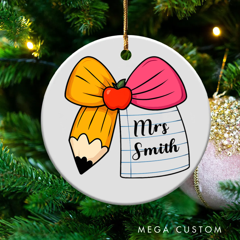 Personalized Teacher Christmas Ornament Pencil Apple Bow Appreciation Ornament Gift