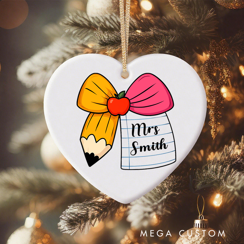 Personalized Teacher Christmas Ornament Pencil Apple Bow Appreciation Ornament Gift