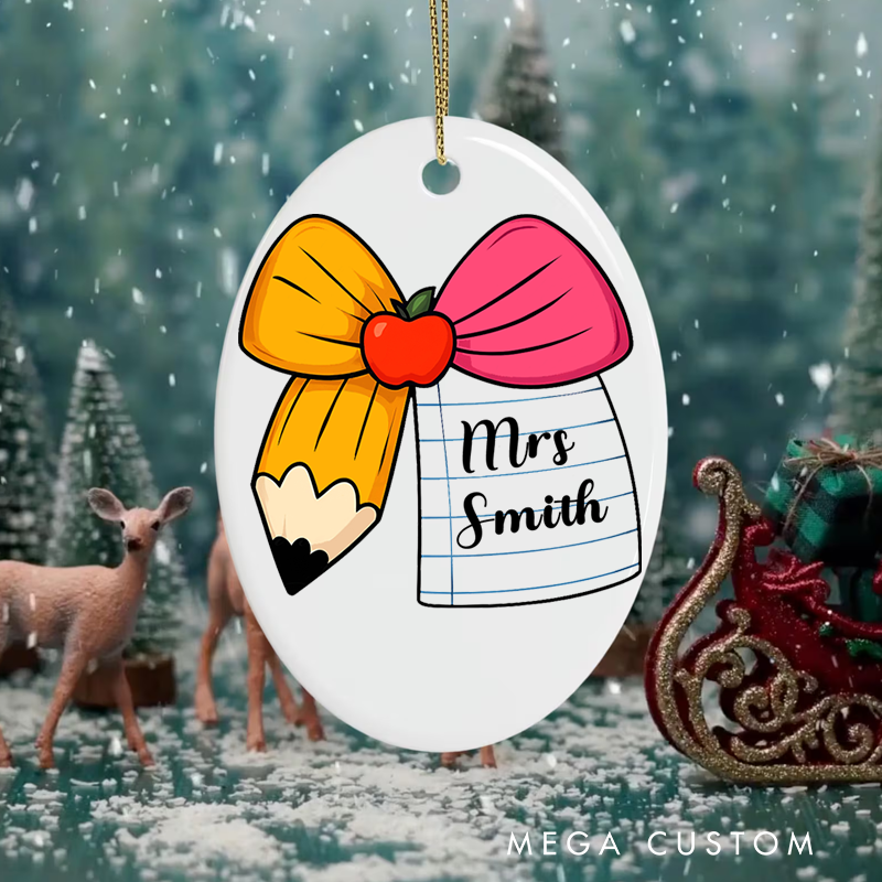 Personalized Teacher Christmas Ornament Pencil Apple Bow Appreciation Ornament Gift