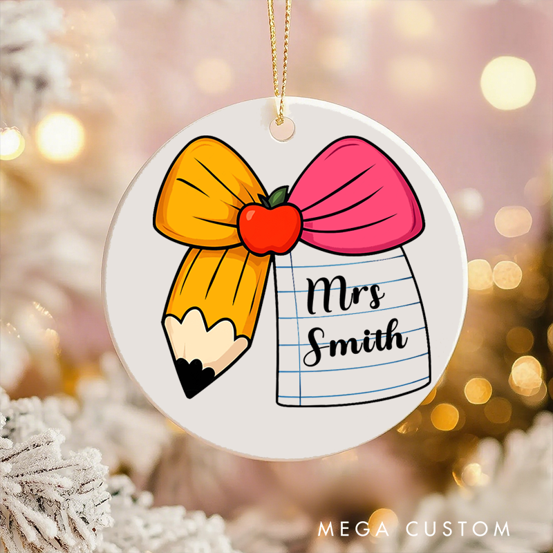 Personalized Teacher Christmas Ornament Pencil Apple Bow Appreciation Ornament Gift